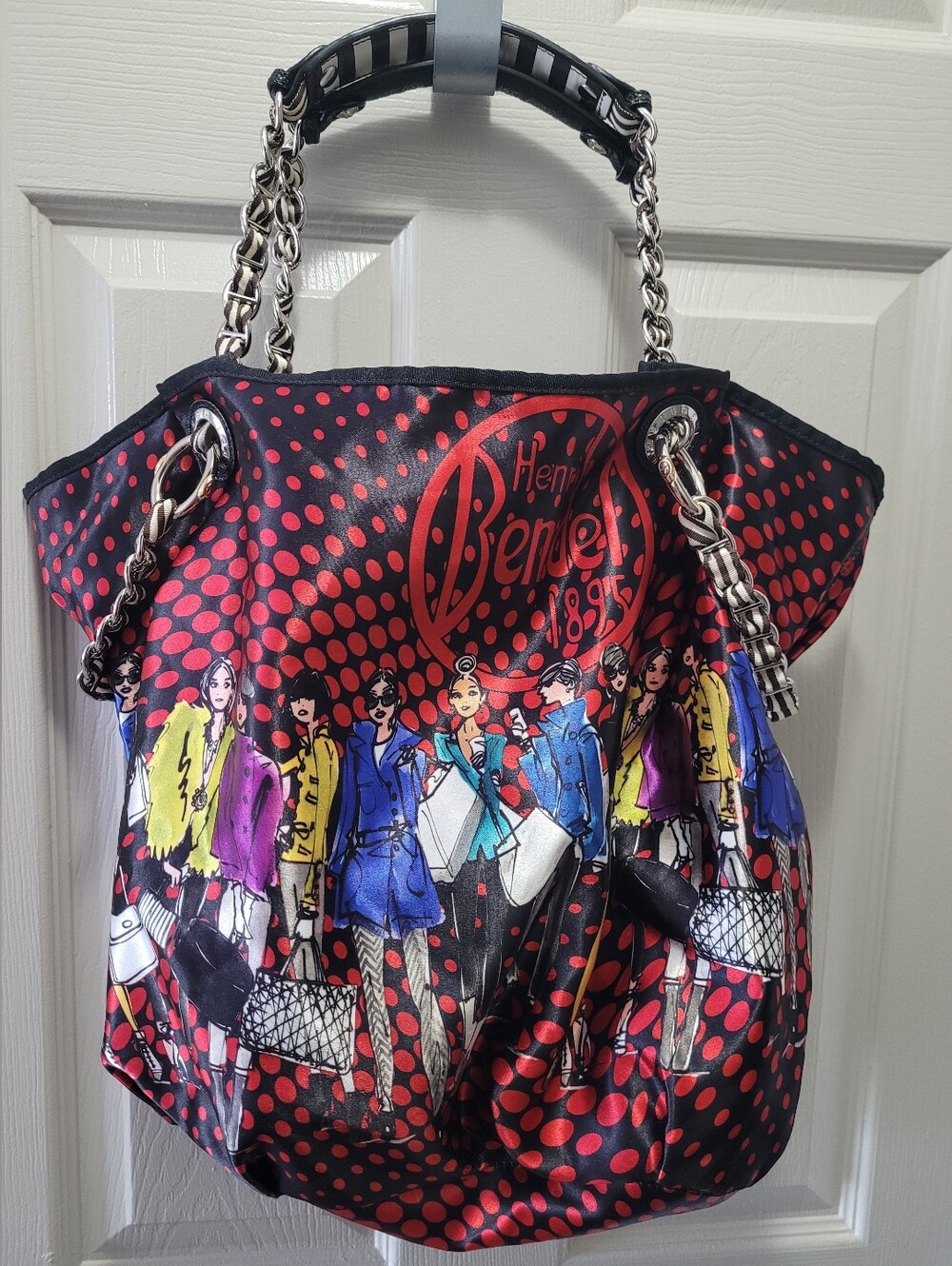 Henri Bendel Red Black Checkered Graphic Satin Shopper Tote Bag